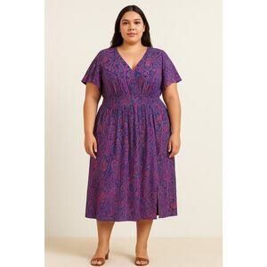 Terra & Sky 2X Boho Floral Paisley Sundress V-Neck Short Sleeve Cotton Cruise